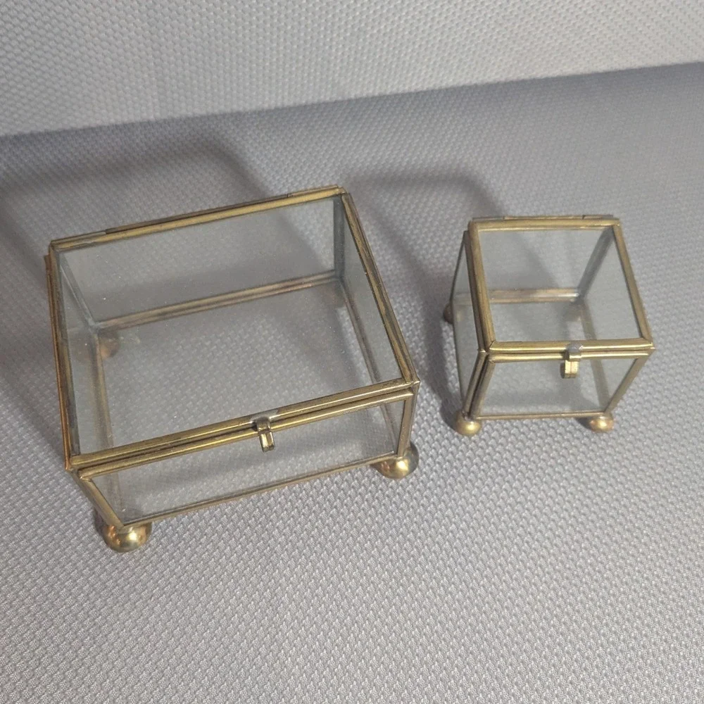 Vintage Brass and Clear Glass Jewelry Trinket Casket Box Set of 2 Footed